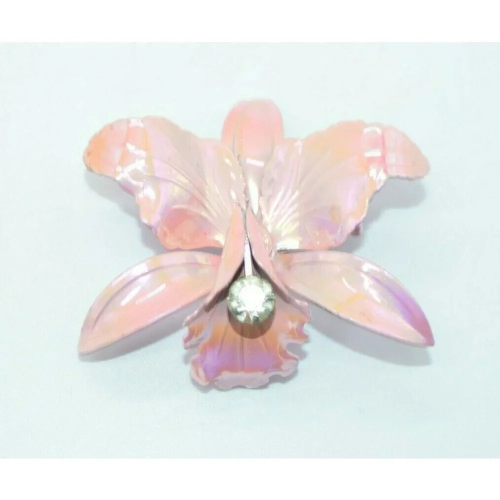 Pink Iridescent Clear Rhinestone Enamel Metal